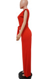 Red Fashion Casual Solid Patchwork Asymmetrical Asymmetrical Collar Straight Jumpsuits