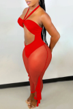 Red Sexy Solid Flounce Mesh Halter Skinny Jumpsuits