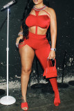 Red Sexy Solid Hollowed Out Patchwork Asymmetrical Halter Sleeveless Two Pieces