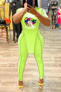Fluorescent Green Fashion Casual Letter Lips Printed Split Joint Asymmetrical O Neck Short Sleeve Two Pieces