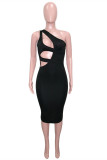 Black Fashion Sexy Solid Hollowed Out Backless One Shoulder Sleeveless Dress Dresses