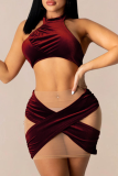 Deep Blue Sexy Solid Mesh Halter Sleeveless Two Pieces