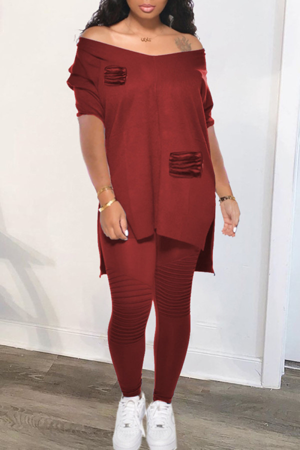 Burgundy Fashion Casual Solid Patchwork Slit V Neck Short Sleeve Two Pieces