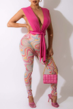 Rose Red Sexy Print Patchwork V Neck Sleeveless Two Pieces