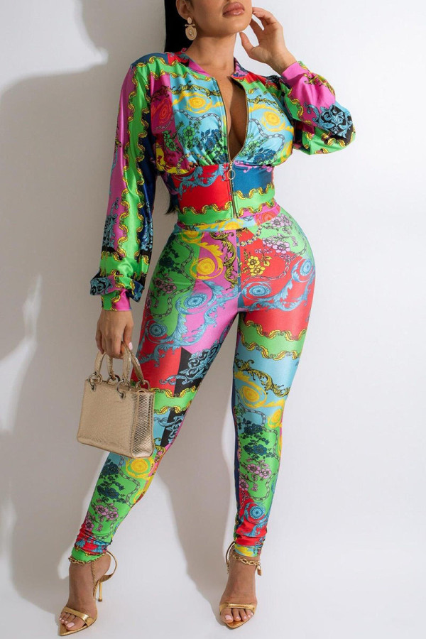 Multi-color College Print Patchwork Zipper Long Sleeve Two Pieces