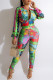Multi-color College Print Patchwork Zipper Long Sleeve Two Pieces