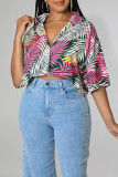 Pink Fashion Casual Print Basic Turndown Collar Tops