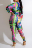 Multi-color College Print Patchwork Zipper Long Sleeve Two Pieces