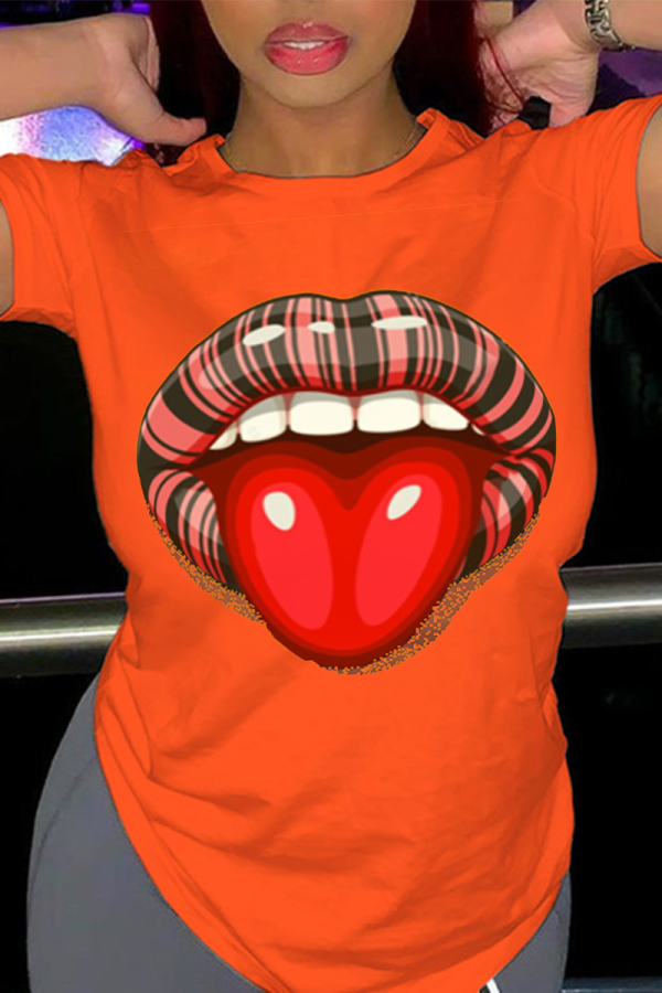 Orange Fashion Street Lips Printed Patchwork O Neck T-Shirts