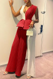 Red Fashion Casual Solid Patchwork V Neck Regular Jumpsuits