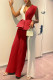 Red Fashion Casual Solid Patchwork V Neck Regular Jumpsuits