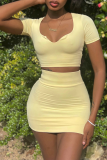 Yellow Sexy Solid Patchwork Square Collar Short Sleeve Two Pieces