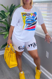 White Fashion Casual Print Basic O Neck Short Sleeve Two Pieces