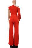 Red Fashion Casual Solid Patchwork Asymmetrical Asymmetrical Collar Straight Jumpsuits
