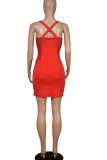 Red Sexy Solid Hollowed Out Split Joint Hot Drill Spaghetti Strap Pencil Skirt Dresses