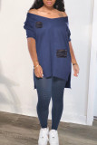 Deep Blue Fashion Casual Solid Patchwork Slit V Neck Short Sleeve Two Pieces