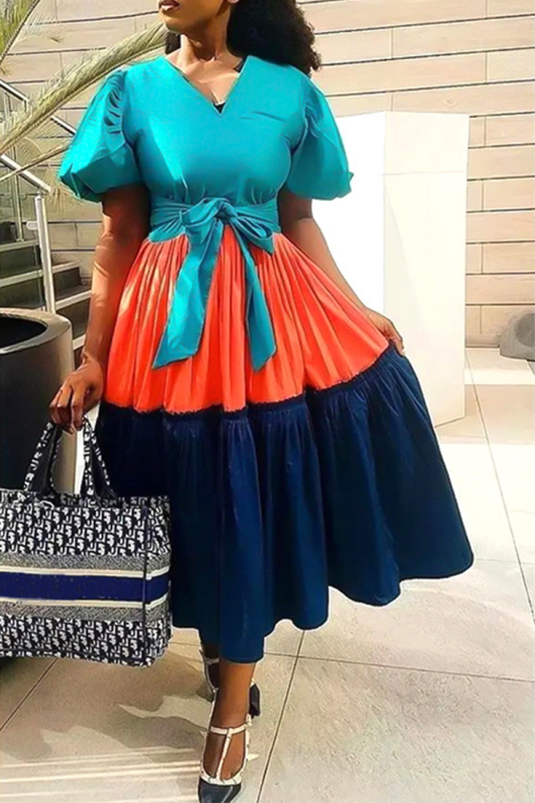 Tangerine Red Fashion Patchwork Flounce V Neck Cake Skirt Dresses