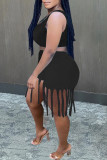 Black Sexy Casual Solid Tassel V Neck Sleeveless Two Pieces