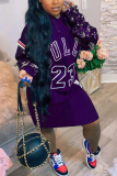 Purple Casual Print Sequins Letter Hooded Collar Dresses