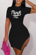 Black Fashion Casual Letter Print Slit O Neck Short Sleeve Dress