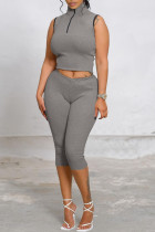 Grey Fashion Casual Solid Basic Turtleneck Sleeveless Two Pieces