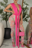 Rose Red Sexy Print Patchwork V Neck Sleeveless Two Pieces