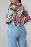 Pink Fashion Casual Print Basic Turndown Collar Tops