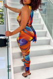 Multicolor Fashion Casual Print Basic Zipper Collar Skinny Jumpsuits