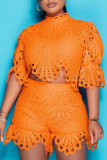 Tangerine Red Casual Solid Hollowed Out Patchwork O Neck Half Sleeve Two Pieces