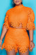 Tangerine Red Casual Solid Hollowed Out Patchwork O Neck Half Sleeve Two Pieces