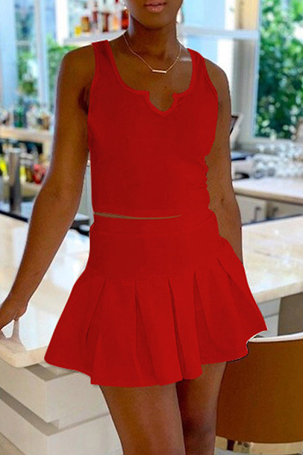 Red Sexy Casual Solid Vests U Neck Sleeveless Two Pieces