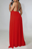 Tangerine Red Casual Solid Split Joint Backless Spaghetti Strap Sling Dress Dresses