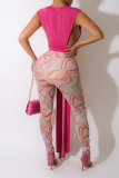 Rose Red Sexy Print Patchwork V Neck Sleeveless Two Pieces