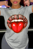 Grey Fashion Street Lips Printed Patchwork O Neck T-Shirts