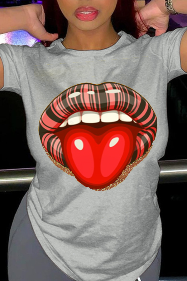 Grey Fashion Street Lips Printed Patchwork O Neck T-Shirts