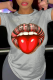 Grey Fashion Street Lips Printed Patchwork O Neck T-Shirts