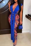 Rose Red Sexy Print Patchwork V Neck Sleeveless Two Pieces