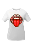 Grey Fashion Street Lips Printed Patchwork O Neck T-Shirts