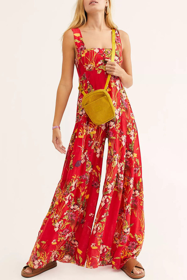 Red Casual Print Patchwork Straight Jumpsuits