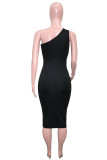 Black Fashion Sexy Solid Hollowed Out Backless One Shoulder Sleeveless Dress Dresses