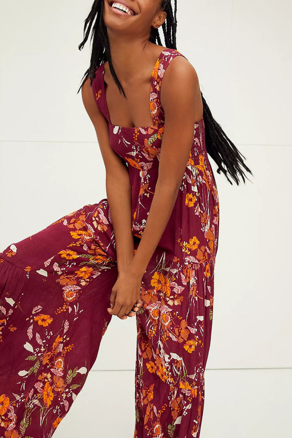 Burgundy Casual Print Patchwork Straight Jumpsuits