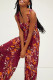 Burgundy Casual Print Patchwork Straight Jumpsuits
