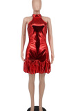 Red Sexy Solid Split Joint Backless Flounce Halter A Line Dresses