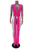 Rose Red Sexy Print Patchwork V Neck Sleeveless Two Pieces