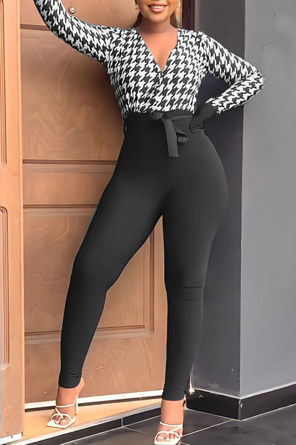Black Sexy Print Bandage Patchwork V Neck Regular Jumpsuits
