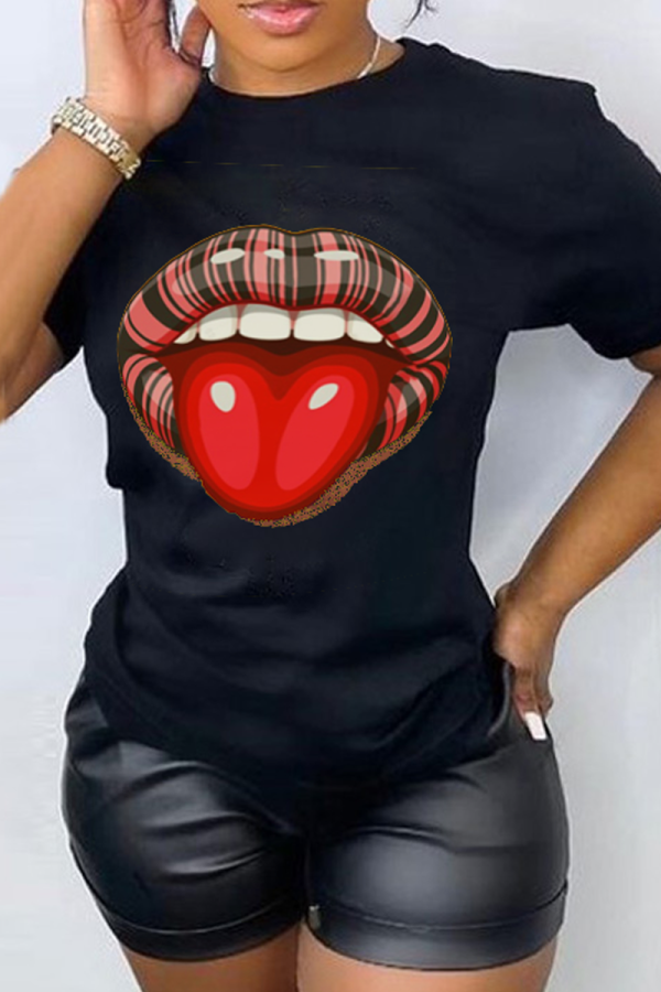 Black Fashion Street Lips Printed Patchwork O Neck T-Shirts