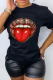 Black Fashion Street Lips Printed Patchwork O Neck T-Shirts