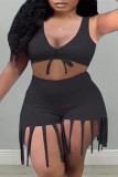 Black Sexy Casual Solid Tassel V Neck Sleeveless Two Pieces