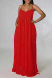 Tangerine Red Casual Solid Split Joint Backless Spaghetti Strap Sling Dress Dresses