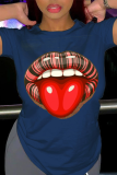 Grey Fashion Street Lips Printed Patchwork O Neck T-Shirts